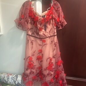 Marchesa Notte Off-the-Shoulder 3D Floral Embroidered Cocktail Dress